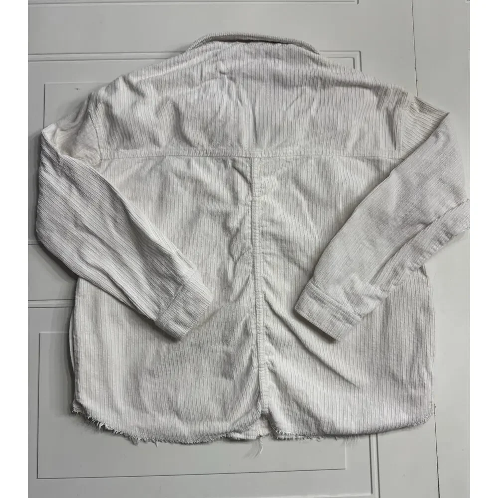 Zara Shacket Jacket Womens Small White Corduroy Raw Hem Long Sleeve Button Down